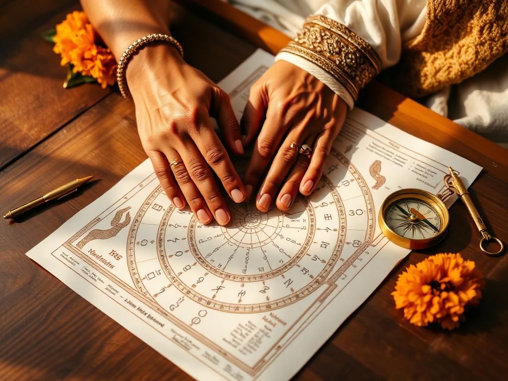 Astrologer studying a printed Vedic birth chart with a brass compass