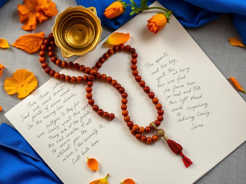 Rudraksha mala, brass diya and handwritten remedy notes