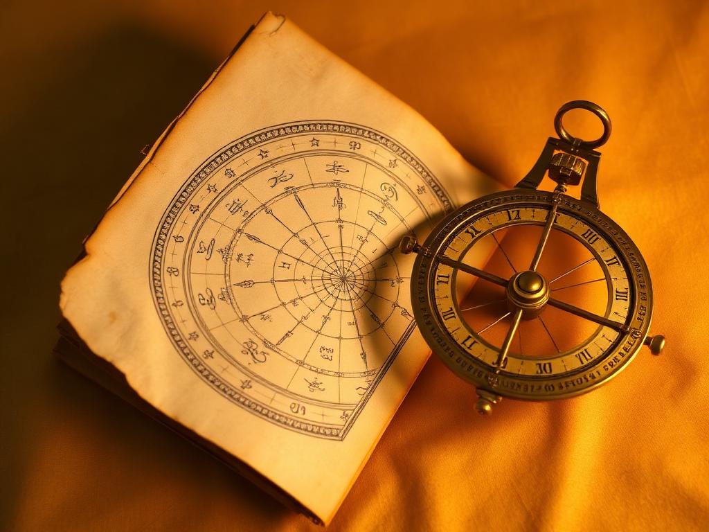 Ancient Sanskrit astrology manuscript with a zodiac diagram beside a brass astrolabe