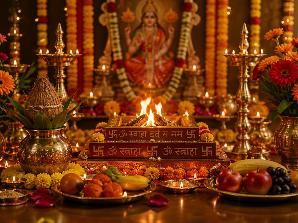 Traditional puja altar with brass lamps